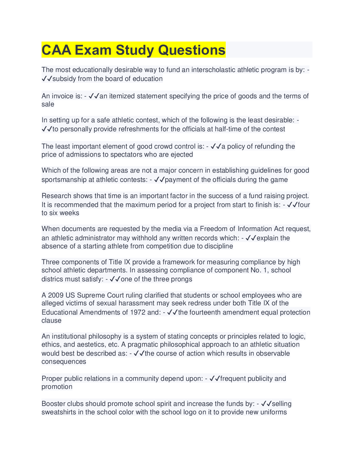 Preview image for CAA Exam Study Questions | 70 Questions with 100% Correct Answers